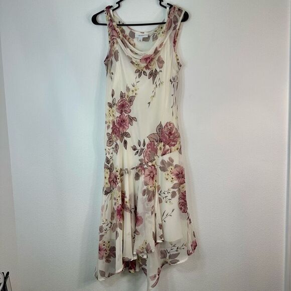 Dressbarn Feminine Floral Midi Dress Womens Large Asymmetrical Hem Fairycore - Picture 1 of 10